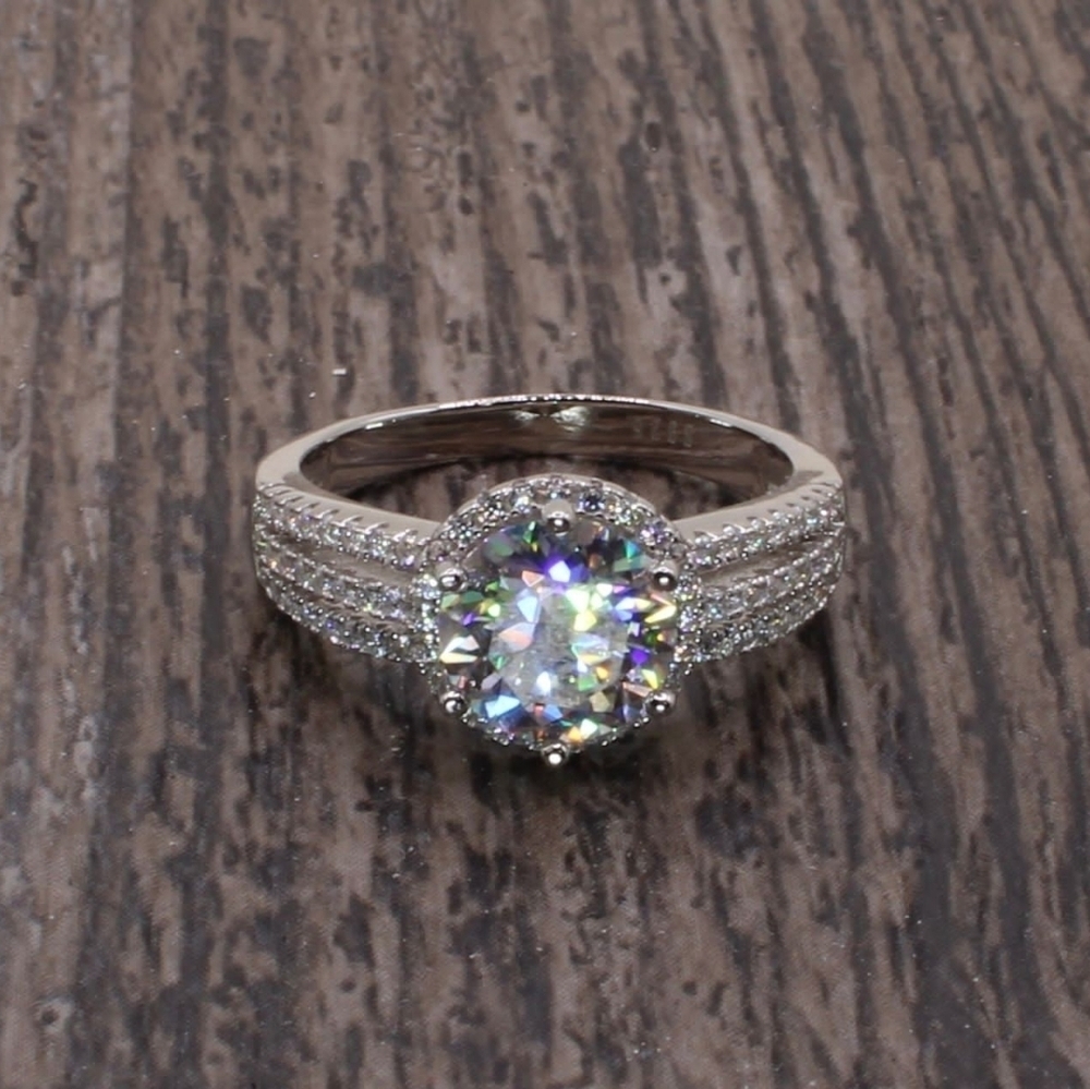 2 Carat Round Moissanite Platinum and Rhodium Plated 925 Silver Ring - Picture 6 of 14